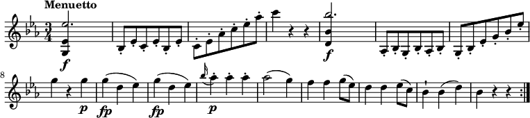 
 \relative c' {
         \clef "treble" 
         \tempo "Menuetto"
         \key ees \major
         \time 3/4 
         \tempo 4 = 120
     <<{<g ees'>4\f s2 } \\ { \stemUp ees''2.}>>
     bes,8-. ees-. c-. ees-. bes-. ees-.
    \stemDown  c-. ees-. aes-. c-. ees-. aes-.
     c4 r4 r4
     <<{<d,, bes'>4\f s2 } \\ { \stemUp bes''2.}>>
      \stemUp aes,,8-. bes-. g-. bes-. aes-. bes-.
    g-. bes-. ees-. g-. bes-. ees-.
    \stemDown g4 r4 g\p
     g\fp (d es)
     g\fp (d es)
    \grace bes'16 (aes4)-.\p aes-. aes-.
     aes2 (g4)
     f f g8 (ees)
     d4 d ees8 (c)
     bes4-! bes (d)
     bes r4 r4   \bar ":|."
 }
