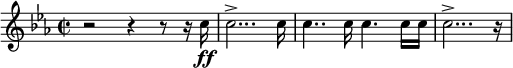 
\relative c {
  \new PianoStaff <<
    \new Staff {
      \set Staff.midiInstrument = #"trumpet" \relative c'' \key c \minor \clef treble \time 2/2 \set Score.tempoHideNote = ##t \tempo 2 = 55
      r2 r4 r8 r16 c''16 \ff |
      c2...-> c16 |
      c4.. c16 c4. c16 c16 |
      c2...-> r16 |
    }
  >>
}
