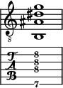  
<<
  %\override Score.BarLine.break-visibility = ##(#f #t #t)
  \time 1/1
    \new Staff  {
    \clef "treble_8"
        \once \override Staff.TimeSignature #'stencil = ##f
        <b,  ais dis' g' >1
    }

     \new TabStaff {
       \override Stem #'transparent = ##t
       \override Beam #'transparent = ##t 
      <b,\6  ais\4 dis'\3 g'\2 >1
  }
>>
