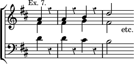 \new ChoirStaff << \override Score.Rest #'style = #'classical \override Score.TimeSignature #'stencil = ##f
  \new Staff \relative a' { \key d \major \time 4/4 \partial 2 \mark \markup \small "Ex. 7."
    << { a4 r | a r b r | d2 } \\
       { fis,4 s | fis s g s | fis2 s4_"etc." } >> }
  \new Staff \relative d' { \clef bass \key d \major
    d4 r | d r cis r | b2 s4 } >>