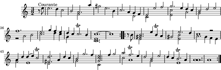 
\version "2.18.2"
\header {
  tagline = ##f
}

\score {
  \new Staff \with {
  }
  \relative c'' {
    \key c \major
    \time 3/2
    \tempo 2 = 86
    \autoBeamOff
    \clef treble
    \override Rest #'style = #'classical
    \set Score.currentBarNumber = #29
    \set Staff.midiInstrument = #"violin"

  \repeat volta 2 {
  \partial 4
  r8^"Courante" e8 | e2. d4 c2 |
  << { b2 a2. a'4 } \\ { s2 f,2 } >>
  gis'2 e2. b4
  << { c2. a4 g f } \\ { s1 d2 } >>
  << { e2 e' f } \\ { c,2 } >>
  << { g''2. e4 d c } \\ { << e,2 c' >> s2 a2 } >>
  << { b2 d e } \\ { g,2 } >>
  << { f'1. } \\ { r2 a,2 b } >>
  << { e2. g4 f e } \\ { c2. s4 d c } >>
  << { d4 c c2.\trill b4 } \\ { g4 } >>
  << { c1.~ c1 } \\ { << c,1. e >> } >>
  }
  \set Score.currentBarNumber = #41
  \repeat volta 2 {
  \partial 4 r8 b'8
  << { << gis2. b >> e4 b\trill a } \\ { e2 } >>
  << { gis2 e'2. d4 } \\ { s2 << e,2 b' >> } >>
  << { c1 r2 } \\ { a2. g4 f e } >>
  << { a4 d d( e) c2\trill } \\ { f,2 e1 } >> 
  << { << fis2. d' >> a4 d c } \\ { d,2 } >>
  << { b'2 g'2. f4 } \\ { g,2 } >>
  << { << g2. c e >> f4 g2 } \\ { c,,2 } >>
  << { a''2 f2.\trill e4 } \\ { c2 a1 } >>
  << { d2 b e } \\ { s2 g,2 } >>
  << { d'4 c b2.\trill a4 } \\ { s2 e1 } >>
  << a1. a1. >>
  a1

  }

  }
  \layout {
    \context {
      \Score
      \remove "Metronome_mark_engraver"
    }
  }
  \midi {}
}
