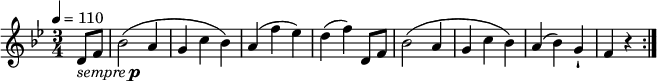 
\relative c'' {
  \version "2.18.2"
  \key bes \major
  \time 3/4
  \tempo 4 = 110
  \tempo "Trio"
  \partial4 d,8_\markup { \italic { sempre } \dynamic p } f
  bes2 (a4 g c bes)
  a (f'ees)
  d (f) d,8 f
  bes2 (a4 g c bes)
  a4 (bes) g-!
  f r4 \bar ":|."
}
