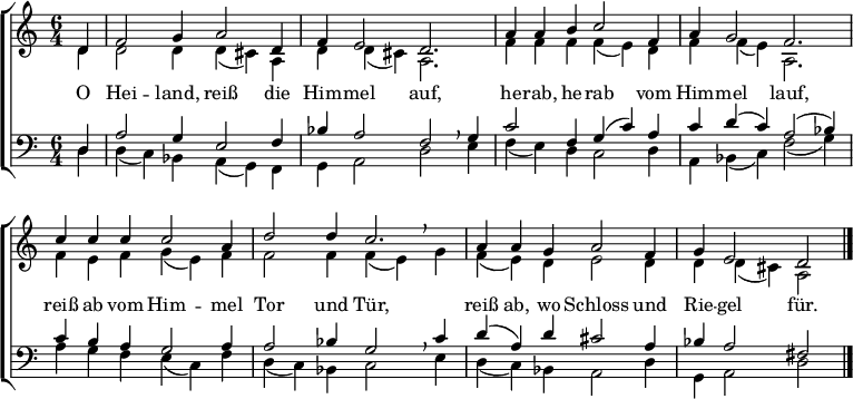 
\header { tagline = ##f }
% Source: https://musescore.com/user/1081191/scores/1409031
\layout { indent = 0 \context { \Score \remove "Bar_number_engraver" } }

global = { \key d \dorian \time 6/4 \partial 4 }

soprano = \relative c' { \global
  d4 | f2 g4 a2 d,4 | f e2 d2. |
  a'4 a b c2 f,4 | a g2 f2. |
  c'4 c c c2 a4 | d2 d4 c2. |
  a4 a g a2 f4 | g e2 \set Score.tempoHideNote = ##t \tempo 4=60 d \bar "|."
}

alto = \relative c' { \global
  d4 | d2 d4 d (cis) a | d d (cis) a2. |
  f'4 f f f (e) d | f f (e) a,2. |
  f'4 e f g (e) f | f2 f4 f (e) \breathe g |
  f (e) d e2 d4 | d d (cis) a2 \bar "|."
}

tenor = \relative c' { \global
  d,4 | a'2 g4 e2 f4 | bes a2 f2 \breathe g4 |
  c2 f,4 g (c) a | c d (c) a2 (bes4) |
  c4 b a g2 a4 | a2 bes4 g2 \breathe c4 |
  d (a) d cis2 a4 | bes a2 fis \bar "|."
}

bass = \relative c { \global
  d4 | d (c) bes a (g) f | g a2 d e4 |
  f (e) d c2 d4 | a bes (c) f2 (g4) |
  a g f e (c) f | d (c) bes c2 e4 |
  d (c) bes a2 d4 | g, a2 d \bar "|."
}

verse = \lyricmode {
  O Hei -- land, reiß die Him -- mel auf,
  he -- rab, he -- rab vom Him -- mel lauf,
  reiß ab vom Him -- mel Tor und Tür,
  reiß ab, wo Schloss und Rie -- gel für.
}

\score {
  \new ChoirStaff <<
    \new Staff \with {
      midiInstrument = "oboe"
    } <<
      \new Voice = "soprano" { \voiceOne \soprano }
      \new Voice = "alto" { \voiceTwo \alto }
    >>
    \new Lyrics \with {
      \override VerticalAxisGroup #'staff-affinity = #CENTER
    } \lyricsto "soprano" \verse
    \new Staff \with {
      midiInstrument = "bassoon"
    } <<
      \clef bass
      \new Voice = "tenor" { \voiceOne \tenor }
      \new Voice = "bass" { \voiceTwo \bass }
    >>
  >>
  \layout { }
  \midi {
    \tempo 4=120
  }
}
