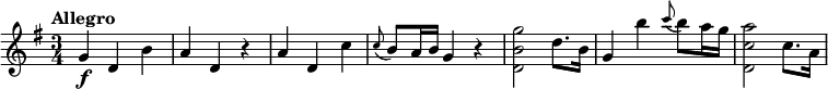 
\relative c'' {
 \tempo "Allegro"
 \key g \major
 \time 3/4
 g4\f d b' |
 a4 d, r |
 a'4 d, c' |
 \appoggiatura c8 b a16 b g4 r |
 <g' b, d,>2 d8. b16 |
 g4 b' \appoggiatura c8 b a16 g |
 <a c, d,>2 c,8. a16 |
}
