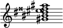 {
  % Rivin lopun pystyviiva ja tahtiosoitus piiloon.
  \override Score.BarLine.break-visibility = ##(#f #t #t)
  \override Staff.TimeSignature #'stencil = ##f
  
  <gis' bis' dis'' eis'' fisis'' ais''>1
}
