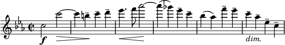  \relative c'' { \clef treble \time 2/2 \key c \minor c2\f c'~\> | c4 b\!-- c-- d-- | ees4.\< f8 aes2~\! | aes4( ges) ees-- c-- | bes( aes) f'-- ees-- | c--_\markup{\italic "dim."} aes-- ees-- c-- } 