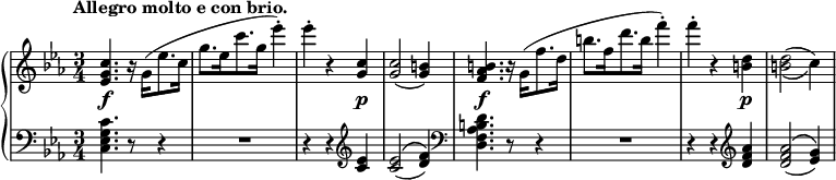 
 \relative c' {
  \new PianoStaff <<
   \new Staff { \key c \minor \time 3/4 \tempo "Allegro molto e con brio."
    \override Score.NonMusicalPaperColumn #'line-break-permission = ##f
    <c' g es>4. r16 g([ es'8. c16] g'8.[ es16 c'8. g16] es'4-.) es-. r4 <c, g>4 <c g>2( <b g>4)
    <b aes f>4. r16 g([ f'8. d16] b'8.[ f16 d'8. b16] f'4-.) f-. r <d, b> <d b>2( _\( c4) \)
   }
   \new Dynamics {
    s4\f s2 s2. s2 s4\p s2. s2.\f s s2 s4\p
   }
   \new Staff { \key c \minor \time 3/4 \clef bass
    <c, g es c>4. r8 r4 R2*3/2 r4 r \clef treble <es c> <es c>2( ^\( <f d>4) \) \clef bass
    <d b aes f d>4. r8 r4 R2*3/2 r4 r \clef treble <aes' f d> <aes f d>2( ^\( <g es>4) \)
   }
  >>
 }
