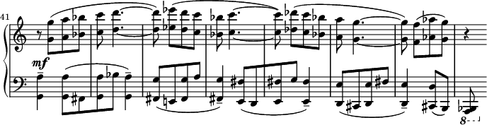 
 \relative c'' {
  \new PianoStaff <<
   \new Staff \with { \remove "Time_signature_engraver" } { \key c \major \set Score.tempoHideNote = ##t \tempo "" 4=132 \time 2/4
    \set Score.currentBarNumber = #41 \bar ""
    r8 <g' g,>( [ <a a,> <bes bes,>] <c c,> <d~ d,~>4.
    <d d,>8) <es es,>( [ <d d,> <c c,>] <bes bes,> <c~ c,~>4.
    <c c,>8) <des des,>( [ <c c,> <bes bes,>] <a a,> <g~ g,~>4.
    <g g,>8) <f f,>( [ <aes aes,> <g g,>] ) r4
   }
   \new Dynamics {
    s-\mf
   }
   \new Staff \with { \remove "Time_signature_engraver" } { \key c \major \time 2/4 \clef bass
    <a,, g,>4-- <a g,>8( [ fis, <a' g,> bes] <a g,>4-- )
    <g fis,>8( [ e,! <g' fis,> a] <g fis,>4--)
    <fis e,>8( [ d, <fis' e,> g] <fis e,>4--)
    <e d,>8( [ cis, <e' d,> fis] <e d,>4--)
    <d cis,>8( b,) \ottava #-1 <bes, a>
   }
  >>
 }
