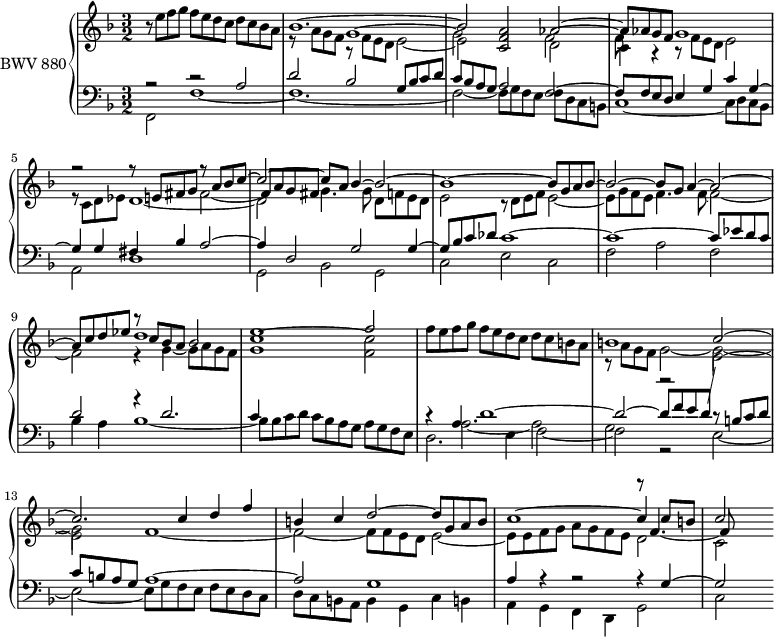 
\version "2.18.2"
\header {
  tagline = ##f
}

upper = \relative c'' {
  \clef treble 
  \key f \major
  \time 3/2
  \tempo 2 = 63
  \set Staff.midiInstrument = #"harpsichord" 

   %% PRÉLUDE CBT II-9, BWV 878, mi majeur
   r8 e8 f g f e d c d c bes a
   << { bes1.~ bes2 < a f c > aes~ aes8 aes g f g1 } \\ { s2 r8 f e d e2~ e s2 d2~ c4 r4 r8 f8 e d e2 } \\ { e8\rest \stemDown a g f g1~ g2 s2 f2~ f8 } >>
   << { s2 s2 r8 a8 bes c~ c2~ c8 a bes4~ bes2~ bes1~ bes8 g a bes~ bes2~ bes8 g a4~ a2~ a8 c d ees d1 e f2~ } \\ { r8 c,8 d ees d1~ d2 g4. g8 d f e d e2 r8 d8 e f e2~ e8 g f e f4. f8~ f2~ f2 r4 g4~ g8 a g f < c' g >1^~ < c f, >2~ f8 e f g } \\  { r2 r8 e, fis g \stemDown fis2_~ \stemUp fis8 a g fis   s1.*3   r8 c'8 bes a bes2 } >>
    f'8 e d c d c b a
   << { b1 c2~ c2. c4 d f b, c d2~ d8 g, a b c1~ c4 c8 b c2 } \\ { r8 a8 g f g2~ g~ | g  f1~ f2~ f8 f e d e2~ e8 e f g a g f e d2 c } \\ { s1.*3 s1  r8 f4._~ f8 } >>
   
}

lower = \relative c' {
  \clef bass 
  \key f \major
  \time 3/2
  \set Staff.midiInstrument = #"harpsichord" 
  
       << { r2 r2 a2 d bes g8 bes c d | c bes a g a2 f2~ f8 f e d e4 g c g~ g g fis bes a2~ | a4 d,2 g g4~ | g8 bes c des c1~ | c~ c8 ees d c d2 r4 d2. c4 } \\ { f,,2 f'1~ f1.~ f2~ f8 g f e f d c b c1~ c8 d c bes a2 d1 g,2 bes g c e c f a f bes4 a bes1~ bes8 bes c d c bes a g a g f e } >>
       << { r4 a4 d1~ d2~ d8 f e d \showStaffSwitch \stemDown \change Staff ="upper" e2~ e } \\ { d,2. e4 f2~ f r2 e2~ e~ e8 g f e f e d c d c b a b4 g c b! | a g f d g2 | c } \\ { s4 \stemDown a'2._~ a2 g r2 r8 \stemUp b c d c b a g a1~ a2 g1 a4 r4 r2 r4 g4~ g2 } >>

} 

\score { 
  \new PianoStaff <<
    \set PianoStaff.instrumentName = #"BWV 880"
    \new Staff = "upper" \upper
    \new Staff = "lower" \lower
  >>
  \layout {
    \context {
      \Score
      \remove "Metronome_mark_engraver"
      \override SpacingSpanner.common-shortest-duration = #(ly:make-moment 1/2)
    }
  }
  \midi { }
}
