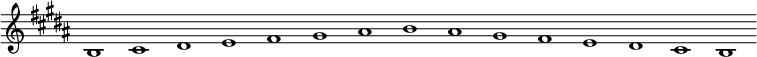 
\new Staff {
  \relative c' {
    \key b \major
    \override Staff.TimeSignature #'stencil = ##f
    \override Staff.BarLine #'stencil = ##f
     b1 cis dis e fis gis ais b ais gis fis e dis cis b
  }
}
\midi {
  \context {
    \Score
    tempoWholesPerMinute = #(ly:make-moment 120 1)
  }
}
