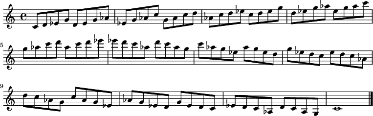 
{

\modalTranspose c c' { c d ees g aes } { c8 d ees g } 
\modalTranspose c d' { c d ees g aes } { c d ees g } 
\modalTranspose c ees' { c d ees g aes } { c d ees g } 
\modalTranspose c g' { c d ees g aes } { c d ees g } 
\modalTranspose c aes' { c d ees g aes } { c d ees g } 
\modalTranspose c c'' { c d ees g aes } { c d ees g } 
\modalTranspose c d'' { c d ees g aes } { c d ees g } 
\modalTranspose c ees'' { c d ees g aes } { c d ees g } 
\modalTranspose c g'' { c d ees g aes } { c d ees g } 
\modalTranspose c aes'' { c d ees g aes } { c d ees g } 

\modalInversion c ees''' { c d ees g aes } { c d ees g } 
\modalInversion c d''' { c d ees g aes } { c d ees g } 
\modalInversion c c''' { c d ees g aes } { c d ees g } 
\modalInversion c aes'' { c d ees g aes } { c d ees g } 
\modalInversion c g'' { c d ees g aes } { c d ees g } 
\modalInversion c ees'' { c d ees g aes } { c d ees g } 
\modalInversion c d'' { c d ees g aes } { c d ees g } 
\modalInversion c c'' { c d ees g aes } { c d ees g } 
\modalInversion c aes' { c d ees g aes } { c d ees g } 
\modalInversion c g' { c d ees g aes } { c d ees g } 
\modalInversion c ees' { c d ees g aes } { c d ees g } 
\modalInversion c d' { c d ees g aes } { c d ees g } 

c'1

\bar "|."
}
