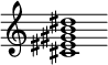 {
  % Rivin lopun pystyviiva ja tahtiosoitus piiloon.
  \override Score.BarLine.break-visibility = ##(#f #t #t)
  \override Staff.TimeSignature #'stencil = ##f
  
  <cis' eis' gis' b' dis''>1
}
