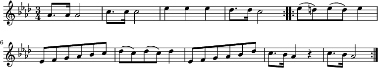 
\relative a' {
 \key as \major
 \time 3/4
 \repeat volta 2 {as8. as16 as2 c8. c16 c2 es4 es es des8. des16 c2}
 \repeat volta 2 {
  es8( d) es( d) es4 es,8 f g as bes c
  des( c) des( c) des4 es,8 f g as bes des
  c8. bes16 as4 r c8. bes16 as2
  }
 }
