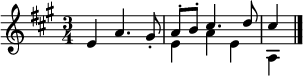 \relative c' { \set Staff.midiInstrument = #"clarinet" \key a \major \time 3/4 e4 a4. gis8-. << { a-. b-. cis4. d8 cis4 } \\ { e, a e a, } >> \bar "|." }