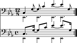 
{
    \relative c, <<
    \new Staff <<
      \new voice {
       \clef bass \time 12/8 \key c \minor
       \set Score.tempoHideNote = ##t \tempo 4 = 100    
       \stemDown \override NoteHead.style = #'cross \repeat volta 2 { es4. es es es }
    }
     \new voice {
       \set Score.tempoHideNote = ##t \tempo 4 = 100   
       \time 12/8
       \stemUp \repeat volta 2 { c'4 g'8~ g c4 es4.~ es4 g,8 } \bar ":|."
    } >>
    \new Staff <<
     \new voice {
       \clef bass \time 12/8 \key c \minor
       \set Staff.timeSignatureFraction = 4/4
       \scaleDurations 3/2 {
         \set Score.tempoHideNote = ##t \tempo 8 = 100    
         \stemDown \override NoteHead.style = #'cross \repeat volta 2 { es,4 es es es }
       }
    }
     \new voice \relative c' {
       \time 12/8
       \set Staff.timeSignatureFraction = 4/4
       \scaleDurations 3/2 {
         \set Score.tempoHideNote = ##t \tempo 4 = 100   
         \stemUp \repeat volta 2 { c,8. g'16~ g8 c es4~ es8. g,16 } \bar ":|."
       }
    } >>
 >> }
