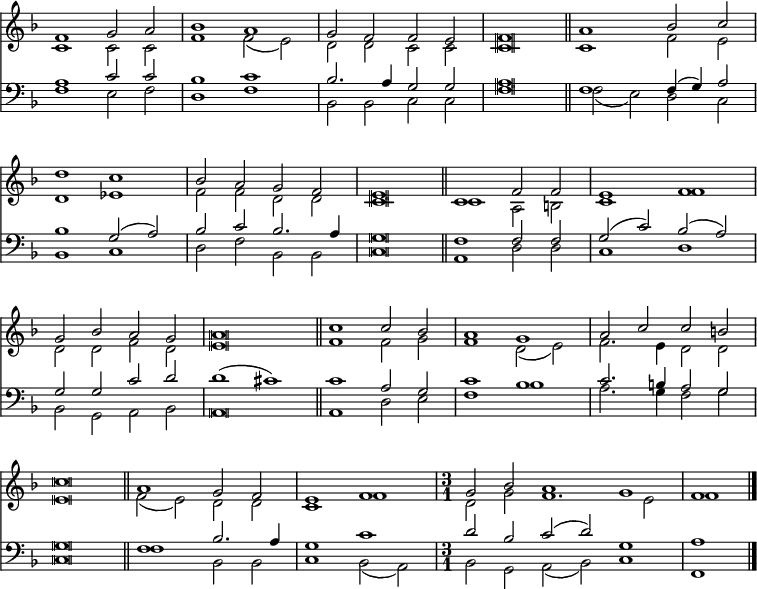 
<< <<
\new Staff { \clef treble \time 4/2 \key f \major \set Staff.midiInstrument = "church organ" \omit Staff.TimeSignature \set Score.tempoHideNote = ##t \override Score.BarNumber  #'transparent = ##t \override Staff.NoteHead.style = #'altdefault
  \relative c'
  << { f1 g2 a | bes1 a | g2 f f e | f \breve \bar"||" a1 bes2 c | \break
       d1 c | bes2 a g f | e \breve \bar"||" c1 f2 f | e1 f | \break
       g2 bes a g | a \breve \bar"||" c1 c2 bes | a1 g | a2 c c b | \break
       c \breve \bar"||" a1 g2 f | e1 f | 
       \undo \omit Staff.TimeSignature \time 3/1 g2 bes a1 g | f \bar"|." } \\
  { c1 c2 c | f1 f2( e) | d d c c | c \breve | c1 f2 e |
    d1 es | f2 f d d | c \breve | c1 a2 b | c1 f |
    d2 d f d | e \breve | f1 f2 g | f1 d2( e) | f2. e4 d2 d |
    e \breve | f2( e) d d | c1 f | d2 g f1. e2 | f1 } >>
}
\new Staff { \clef bass \key f \major \set Staff.midiInstrument = "church organ" \omit Staff.TimeSignature \override Staff.NoteHead.style = #'altdefault
  \relative c'
  << { a1 c2 c | bes1 c | bes2. a4 g2 g | a \breve | f1 f4( g) a2 |
       bes1 g2( a) | bes c bes2. a4 | g \breve | f1 f2 f | g( c) bes( a) |
       g g c d | d1( cis) | c a2 g | c1 bes | c2. b4 a2 g |
       g \breve | f1 bes2. a4 | g1 c |
       \undo \omit Staff.TimeSignature d2 bes c( d) g,1 | a } \\
  { f1 e2 f | d1 f | bes,2 bes c c | f \breve | f2( e) d c |
    bes1 c | d2 f bes, bes | c \breve | a1 d2 d | c1 d |
    bes2 g a bes | a \breve | a1 d2 e | f1 bes | a2. g4 f2 g |
    c, \breve | f1 bes,2 bes | c1 bes2( a) | bes g a( bes) c1 | f, } >>
}
>> >>
\layout { indent = #0 }
\midi { \tempo 2 = 66 }
