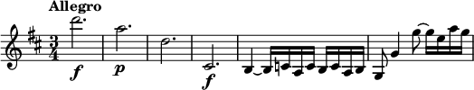 
\relative c''' {
 \key d \major
 \time 3/4
 \tempo "Allegro"
 d2.\f | a\p | d, | cis,\f |
 b4~ b16 c a c b c a b |
 g8 g'4 g'8~ g16 e a g |
}
