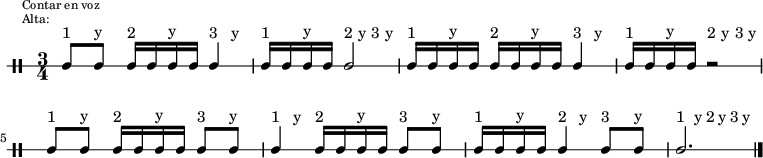 
\new DrumStaff {
  \override TextScript #'staff-padding = #4
  \override Staff.StaffSymbol #'line-count = #1
  \once \override Score.RehearsalMark #'extra-offset = #'(0 . 2)
  \mark \markup \tiny { \right-align
                        \column {
                          \line {"Contar en voz"}
                          \line {"Alta:"}
                        }
  }
  \time 3/4
  \override Score.MetronomeMark #'stencil = ##f
  \tempo 4 = 60
  <<
    \repeat unfold 8 {\textLengthOn s8^"1" s^"y" s8^"2" s^"y" s8^"3" s^"y"}
    \new DrumVoice {
      \stemUp
      \drummode {ssh8 ssh ssh16 ssh ssh ssh ssh4 | ssh16 ssh ssh ssh ssh2 | \repeat unfold 8 {ssh16} ssh4 | ssh16 ssh ssh ssh r2 |
                 ssh8  ssh ssh16 ssh ssh ssh ssh8 ssh | ssh4 ssh16 ssh ssh ssh ssh8 ssh | ssh16 ssh ssh ssh ssh4 ssh8 ssh | ssh2. }
      \bar "|."
    }
  >>
}