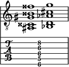  
<<
  %\override Score.BarLine.break-visibility = ##(#f #t #t)
  \time 2/1
    \new Staff  {
    \clef "treble_8"
        \once \override Staff.TimeSignature #'stencil = ##f
        <ais, cisis gis bisis fisis' >1 | <bes, d aes cis' g' >1 |
    }

     \new TabStaff {
       \override Stem #'transparent = ##t
       \override Beam #'transparent = ##t 
      s2 <ais,\6 d\5 gis\4 cis'\3 g'\2 >1 s2
  }
>>
