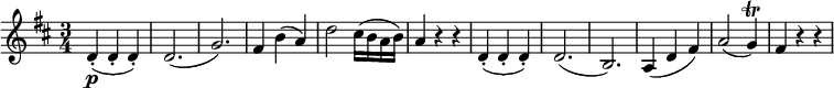  { \relative d' { \key d \major \time 3/4
d-.( \p d-. d-.) | d2.( | g2.) | fis4 b( a) | d2 cis16( b a b)| a4 r r |
d,-.( d-. d-.) | d2.( | b2.) | a4( d fis) | a2( g4) \trill | fis4 r r }} 