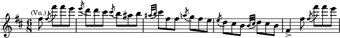 {\key b \minor \time 6/8 \partial 2 \relative b'' {fis8^\markup{\smaller \center-align (Vn.)} \slashedGrace fis8( fis'8)[ fis e] \slashedGrace e8( d8) d cis \slashedGrace cis8( b8) ais b \slashedGrace{ais32( b} cis8) fis, fis \slashedGrace a8( g8) fis e \slashedGrace e8( d8) cis b \slashedGrace {b32( cis} d8) cis b fis4-> fis'8 \slashedGrace fis8( fis'8) fis e} } 