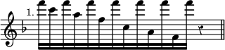 { \relative f''' { \key f \major \override Score.TimeSignature #'stencil = ##f \time 12/4 \mark \markup \small "1." \override Score.Rest #'style = #'classical
 f16[ c f a, f' f, f' c, f' a,, f'' f,, f''] r4 \bar "||" } }