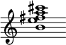 {
  % Rivin lopun pystyviiva ja tahtiosoitus piiloon.
  \override Score.BarLine.break-visibility = ##(#f #t #t)
  \override Staff.TimeSignature #'stencil = ##f
  
  <b' e'' fis'' a'' cis'''>1
}
