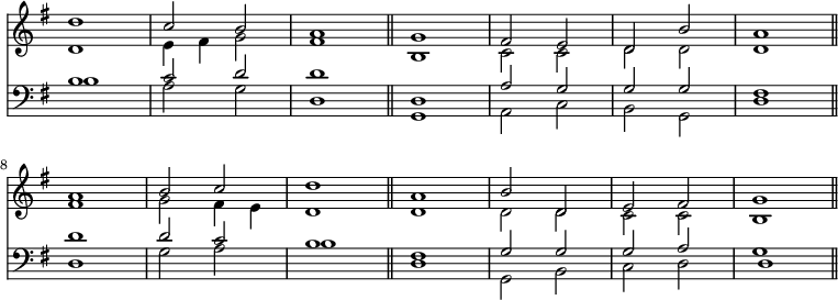 { \override Score.TimeSignature #'stencil = ##f \time 4/4 \key g \major << \relative d'' << { d1 c2 b a1 \bar "||" g fis2 e d b' a1 \bar "||" \break a b2 c d1 \bar "||" a b2 d, e fis g1 \bar "||" } \\ { d1 e4 fis g2 fis1 b, c2 c d d d1 fis g2 fis4 e d1 d d2 d c c b1 } >>
\new Staff { \clef bass \key g \major \relative b << { b1 c2 d d1 d, a'2 g g g fis1 d' d2 c b1 fis g2 g g a d,1 } \\ { b'1 a2 g d1 g, a2 c b g d'1 d g2 a b1 d, g,2 b c d g1 } >> } >> }