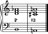 
\new PianoStaff <<
  \new Staff = "right"
  \relative c' {
    \override Staff.TimeSignature #'stencil = ##f
    <d f as>1
    <cis e a!>
  }
  \new Staff = "left"
  \figuremode {
    <7/>1 <3+>
    \bar "|."
  }
  \context Staff = "left"
  \relative c {
    \clef bass
    \override Staff.TimeSignature #'stencil = ##f
    b1 a!
  }
>>
