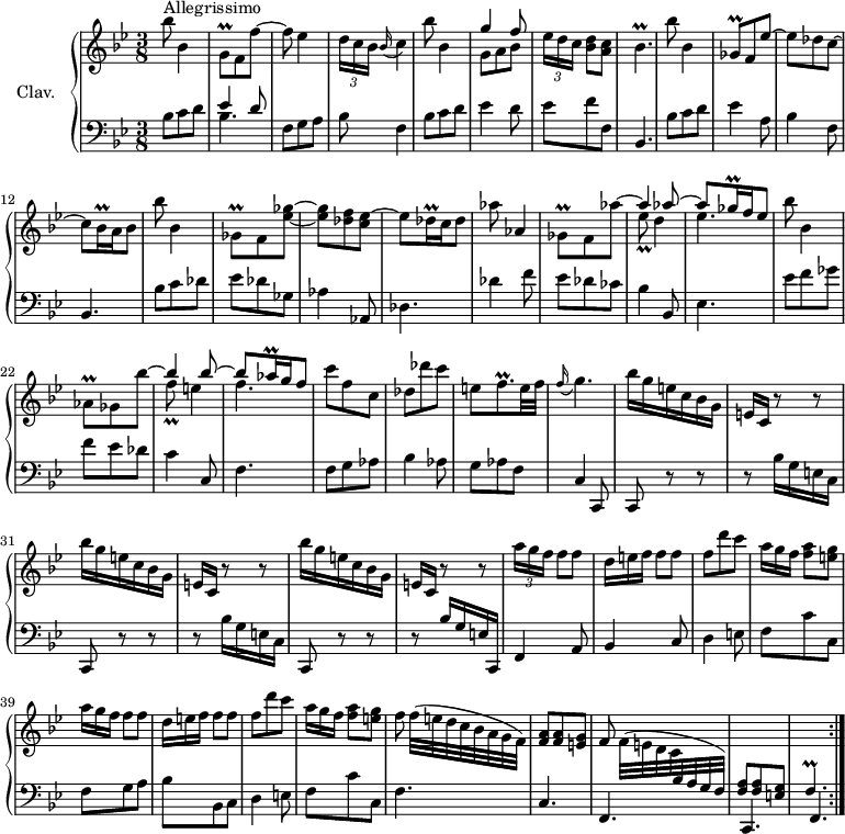
\version "2.18.2"
\header {
  tagline = ##f
  % composer = "Domenico Scarlatti"
  % opus = "K. 361"
  % meter = "Allegrissimo"
}

%% les petites notes
trillGq       = { \tag #'print { g8\prall } \tag #'midi { a32 g a g } }
trillGesq     = { \tag #'print { ges8\prall } \tag #'midi { a32 ges a ges } }
trillBesqp    = { \tag #'print { bes4.\prall } \tag #'midi { c32 bes c bes~   \tempo 4. = 45 bes4   \tempo 4. = 66 } }
trillBesqq    = { \tag #'print { bes16\prall } \tag #'midi { \times 2/3 { bes32 c bes } } }
trillGesq     = { \tag #'print { ges8\prall } \tag #'midi { aes32 ges aes ges } }
trillDesqq    = { \tag #'print { des16\prall } \tag #'midi { \times 2/3 { des32 ees des } } }
trillEesq     = { \tag #'print { ees8\prall } \tag #'midi { f32 ees f ees } }
trillGesqq    = { \tag #'print { ges16\prall } \tag #'midi { \times 2/3 { ges32 aes ges } } }
trillGesaesq  = { \tag #'print { ges8\prall } \tag #'midi { aes32 ges aes ges } }
trillAesq     = { \tag #'print { aes8\prall } \tag #'midi { bes32 aes bes aes } }
trillAesqq    = { \tag #'print { aes16\prall } \tag #'midi { \times 2/3 { aes32 bes aes } } }
trillFq       = { \tag #'print { f8\prall } \tag #'midi { g32 f g f } }
trillFqp      = { \tag #'print { f8.\prall } \tag #'midi { g32 f g f~ f16 } }
trillFp       = { \tag #'print { f4.\prall } \tag #'midi { g32 f g f~ f4 } }
appoFGq       = { \tag #'print { \appoggiatura f16 g4. } \tag #'midi { f4 \tempo 4. = 40 g8 \tempo 4. = 66 } }

upper = \relative c'' {
  \clef treble 
  \key bes \major
  \time 3/8
  \tempo 4. = 66 %% Tempo de Ross, Koopman, Lester, et quasi pour Grante 
  \set Staff.midiInstrument = #"harpsichord"
  \override TupletBracket.bracket-visibility = ##f

  \repeat volta 2 {
      s8*0^\markup{Allegrissimo}
      bes'8 bes,4 | \trillGq f8 f'~ | f ees4 | \times 2/3 { d16 c bes } \appoggiatura bes16 c4 | bes'8 bes,4 | << { g'4 f8 } \\ { g,8 a bes } >>
      % ms. 7
      \times 2/3 { ees16[ d c] } < bes d >8 < a c > | \trillBesqp | bes'8 bes,4 | \trillGesq f8 ees'~ | ees des c~ | c \trillBesqq a16 bes8 | bes' bes,4 |
      % ms. 14
      \trillGesq f8 < ees' ges >~ | q < des f > < c ees >~ | ees8 \trillDesqq c16   \tempo 4. = 30 des8   \tempo 4. = 66 | aes' aes,4 | 
      << { \stemDown \trillGesaesq f8 aes'~ \stemUp | aes4 aes8~ | aes \trillGesqq f16 ees8 } 
      \\ { s4. | \trillEesq d4 | ees4. } >>
      % ms. 21
      bes'8 bes,4 |  << { \stemDown \trillAesq ges8 bes'~ \stemUp | bes4 bes8~ | bes \trillAesqq g16 f8 } \\ { s4. | \trillFq e4 | f4. } >>
      % ms. 25
      c'8 f, c | des des' c | e,8 \trillFqp e32 f | \appoFGq | \repeat unfold 3 { bes16 g e c bes g | e c r8 r8 } | 
      % ms. 35
      \repeat unfold 2 { \times 2/3 { a''16[ g f] } f8 f | \omit TupletNumber \times 2/3 { d16[ e f] } f8 f | f d' c | \times 2/3 { a16[ g f] } < f a >8 < e g > }
      % ms. 43
      f8 f32[( e d c bes a g f]) | < f a >8 q < e g > | f \stemDown f32[( e d c \stemUp  \change Staff = "lower" bes a g f]) | < f a >8 q < e g > | \trillFp }%repet

}

lower = \relative c' {
  \clef bass
  \key bes \major
  \time 3/8
  \set Staff.midiInstrument = #"harpsichord"
  \override TupletBracket.bracket-visibility = ##f

  \repeat volta 2 {
    % ************************************** \appoggiatura a16  \repeat unfold 2 {  } \times 2/3 { }   \omit TupletNumber 
      bes8 c d | << { ees4 d8 } \\ { bes4. } >> | f8 g a | bes f4 | bes8 c d | ees4 d8 |
      % ms. 7
      ees8 f f, | bes,4. | bes'8 c d | ees4 a,8 | bes4 f8 | bes,4. | bes'8 c des |
      % ms. 14
      ees8 des ges, | aes4 aes,8 | des4. | des'4 f8 | ees des ces | bes4 bes,8 |
      % ms. 20
      ees4. | ees'8 f ges | f ees des | c4 c,8 | f4. | f8 g aes |
      % ms. 26
      bes4 aes8 | g aes f | c4   \tempo 4. = 30 c,8   \tempo 4. = 66 | c r8 r8 | \repeat unfold 2 { r8 bes''16 g e c | c,8 r8 r8 }
      % ms. 34
      r8 bes''16 g e c, | f4 a8 | bes4 c8 | d4 e8 |
      % ms. 38
      f8 c' c, | f g a | bes bes, c | d4 e8 | f c' c, |  \shiftOnnn f4. |
      % ms. 44
      c4. | f, | c | f }%repet

}

thePianoStaff = \new PianoStaff <<
    \set PianoStaff.instrumentName = #"Clav."
    \new Staff = "upper" \upper
    \new Staff = "lower" \lower
  >>

\score {
  \keepWithTag #'print \thePianoStaff
  \layout {
      #(layout-set-staff-size 17)
    \context {
      \Score
     \override SpacingSpanner.common-shortest-duration = #(ly:make-moment 1/2)
      \remove "Metronome_mark_engraver"
    }
  }
}

\score {
  \unfoldRepeats
  \keepWithTag #'midi \thePianoStaff
  \midi { }
}
