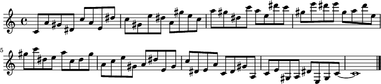 
{

\modalTranspose c c' { c dis e gis a } { c8 a gis } 
\modalTranspose c dis' { c dis e gis a } { c a gis } 
\modalTranspose c e' { c dis e gis a } { c a gis } 
\modalTranspose c gis' { c dis e gis a } { c a gis } 
\modalTranspose c a' { c dis e gis a } { c a gis } 
\modalTranspose c c'' { c dis e gis a } { c a gis } 
\modalTranspose c dis'' { c dis e gis a } { c a gis } 
\modalTranspose c e'' { c dis e gis a } { c a gis } 
\modalTranspose c gis'' { c dis e gis a } { c a gis } 

\modalInversion c e''' { c dis e gis a } { c a gis } 
\modalInversion c dis''' { c dis e gis a } { c a gis } 
\modalInversion c c''' { c dis e gis a } { c a gis } 
\modalInversion c a'' { c dis e gis a } { c a gis } 
\modalInversion c gis'' { c dis e gis a } { c a gis } 
\modalInversion c e'' { c dis e gis a } { c a gis } 
\modalInversion c dis'' { c dis e gis a } { c a gis } 
\modalInversion c c'' { c dis e gis a } { c a gis } 
\modalInversion c a' { c dis e gis a } { c a gis } 
\modalInversion c gis' { c dis e gis a } { c a gis } 
\modalInversion c e' { c dis e gis a } { c a gis } 
\modalInversion c dis' { c dis e gis a } { c a gis } 

c'~ c'1

\bar "|."
}
