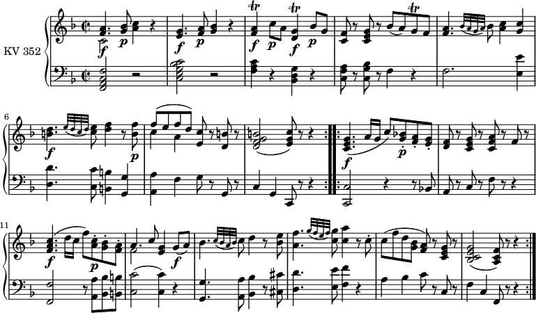 
\header {
  tagline = ##f
}
upper = \relative c'' { 
        \version "2.18.2"
         \clef "treble"          
         \key f \major
         \time 2/2 
         \tempo 4 = 120                 
         \set Staff.midiInstrument = #"piano"

  \repeat volta 2 {
    
    <<{<f, a>4. \f <g bes>8\p} \\ {c,2}>> <a' c>4 r
    <e g>4. \f <f a>8\p <g bes>4 r
     <f a>\trill \f c'8\p a <d, g>4\trill \f bes'8\p g
     <c, f>8 r <c e g> r bes' (a) g\trill f
    <f a>4. \grace { bes32 ([a g  a]) } bes8 <a c>4 <g c>
    <b d>4.\f \grace { e32 ([ d c d]) } <c e>8 <d f>4 r8 <b f'>\p
    <<{f' (e f d)} \\ {c4 a}>> <e c'>8 r <d b'> r
    <d f g b>2 (<e g c>8) r8 r4
          }
  \repeat volta 2 { 
          <c e g>4.\f (a'16 g c8) <g bes!>-.\p <f a>-. <e g>-. 
          <d f> r <c e g> r <c f a>  r f r
          <f a c>4.\f (d'16 c f8) <a, c>-.\p <g bes>-. <f a>-.
          <<{a4.  c8} \\ {f,2}>> <e g>4 g8\f (a)
          bes4. \grace {c32 ([ bes a bes]) } c8 d4 r8 <bes e>8
          <a f'>4.  \grace { g'32 ([ f e f]) } <c g'>8 <c a'>4 r8 c-.
          c (f d <g, bes> <f a>) r8 <c e g> r
         <bes c e g>2 (<a c f>8) r8 r4
       }
}

lower = \relative c {
        \clef "bass" 
        \key f \major
        \time 2/2 
        \set Staff.midiInstrument = #"piano"
  
  \repeat volta 2 { 
    <f, a c f>2 r
    <c' e g bes c>2 r
    <f a c>4 r <bes, d g> r
    <c f a>8 r <c g' bes> r f4 r
    f2. <e e'>4
    <d d'>4. <c c'>8 <b b'>4 <g g'>
    <a a'> f' g8 r g, r
    c4 g c,8 r8 r4
  } 
  \repeat volta 2 {
     <c c'>2 r4 r8 bes'!8
     a r c r f r r4
     <f, f'>2 r8 <a a'> <bes bes'> <b b'> 
     <c c'>2 (<c c'>4)  r
     <g g'>4. <a a'>8 <bes bes'>4 r8 <cis cis'>8
     <d d'>4. <e e'>8 <f f'>4 r
     a bes c8 r c, r
     f4 c f,8 r r4
  }   
}

\score {
  \new PianoStaff <<
    \set PianoStaff.instrumentName = #"KV 352"
    \new Staff = "upper" \upper
    \new Staff = "lower" \lower
  >>
  \layout {
    \context {
      \Score
      \remove "Metronome_mark_engraver"
    }
  }
  \midi { }
}
