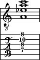  
<<
  %\override Score.BarLine.break-visibility = ##(#f #t #t)
  \time 1/1
    \new Staff  {
    \clef "treble_8"
        \once \override Staff.TimeSignature #'stencil = ##f
        <  a ees' a' c''>1
    }

     \new TabStaff {
       \override Stem #'transparent = ##t
       \override Beam #'transparent = ##t 
      <  a\4 dis'\3 a'\2 c''\1>1
  }
>>
