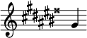  { \override Score.TimeSignature #'stencil = ##f \relative c'' { \clef treble \key gis \major gis } } 