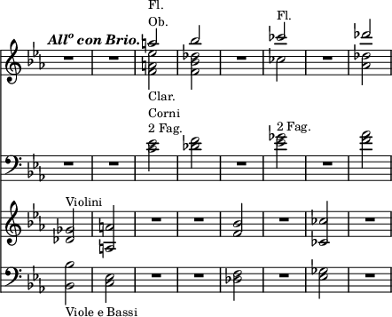 << \new Staff { \override Score.TimeSignature #'stencil = ##f \time 2/4 \key c \minor \tempo \markup { \italic { \concat { All \super o } con Brio. } } << \new Voice \relative a'' { \stemUp R2*2 a2^\markup { \smaller { \column { Fl. Ob. } } } bes R2 ces2^\markup { \smaller Fl. } R2 des2 }
\new Voice \relative f' { \stemDown s2 s <f a ees'>_\markup { \smaller { \column { Clar. Corni } } } <f bes des> s ces' s <des aes> } >> }
\new Staff { \clef bass \key c \minor \relative c' { R2*2 <c ees>2^\markup { \smaller "2 Fag." } <des f> R2 <ees ges>2^\markup { \smaller "2 Fag." } R2 <f aes> } }
\new Staff { \key c \minor \relative g' { <ges des>2^\markup { \smaller Violini } <a a,> R2*2 <bes f>2 R2 <ces ces,>2 R2 } }
\new Staff { \clef bass \key c \minor <bes bes,>2_\markup { \smaller "Viole e Bassi" } <ees c> R2*2 <f des>2 R2 <ges ees>2 R2 } >>