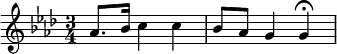 \relative a' { \time 3/4 \key f \minor aes8.[bes16] c4 c | bes8[aes] g4 g\fermata | }