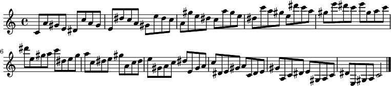 
{

\modalTranspose c c' { c dis e gis a } { c8 a gis e } 
\modalTranspose c dis' { c dis e gis a } { c a gis e } 
\modalTranspose c e' { c dis e gis a } { c a gis e } 
\modalTranspose c gis' { c dis e gis a } { c a gis e } 
\modalTranspose c a' { c dis e gis a } { c a gis e } 
\modalTranspose c c'' { c dis e gis a } { c a gis e } 
\modalTranspose c dis'' { c dis e gis a } { c a gis e } 
\modalTranspose c e'' { c dis e gis a } { c a gis e } 
\modalTranspose c gis'' { c dis e gis a } { c a gis e } 

\modalInversion c e''' { c dis e gis a } { c a gis e } 
\modalInversion c dis''' { c dis e gis a } { c a gis e } 
\modalInversion c c''' { c dis e gis a } { c a gis e } 
\modalInversion c a'' { c dis e gis a } { c a gis e } 
\modalInversion c gis'' { c dis e gis a } { c a gis e } 
\modalInversion c e'' { c dis e gis a } { c a gis e } 
\modalInversion c dis'' { c dis e gis a } { c a gis e } 
\modalInversion c c'' { c dis e gis a } { c a gis e } 
\modalInversion c a' { c dis e gis a } { c a gis e } 
\modalInversion c gis' { c dis e gis a } { c a gis e } 
\modalInversion c e' { c dis e gis a } { c a gis e } 
\modalInversion c dis' { c dis e gis a } { c a gis e } 

c'2

\bar "|."
}
