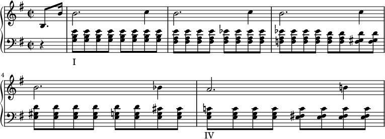 
\new PianoStaff <<
   \new Staff <<
   \set Score.tempoHideNote = ##t
   \key e \minor
   \time 2/2
   \tempo 2 = 54
   \relative c' { \partial 4 b8. b'16 b2. c4 b2. c4 b2. c4 b2. bes4 a2. b!4 }

          >>

   \new Staff <<
   \clef "bass"
   \key e \minor
   \time 2/2
   \relative c {

  r4
  <g' b e>8 <g b e> <g b e> <g b e> <g b e> <g b e> <g b e> <g b e>                               % Takt  1
  <fis a e'> <fis a e'> <fis a e'> <fis a e'> <fis a es'> <fis a es'> <fis a es'> <fis a es'>     % Takt  2
  <f a es'> <f a es'> <f a es'> <f a es'> <f a d> <f a d> <f gis d'> <f gis d'>                   % Takt  3
  <e gis d'> <e gis d'> <e gis d'> <e gis d'> <e g d'> <e g d'> <e g cis> <e g cis>               % Takt  4
  <e g c!> <e g c> <e g c> <e g c> <e fis! c'> <e fis c'> <e fis c'> <e fis c'>                   % Takt  5
}
  \addlyrics { I _ _ _ _ _ _ _ _ _ _ _ _ _ _ _ _ _ _ _ _ _ _ _ _ _ _ _ _ _ _ _ IV }
        >>
  >>

