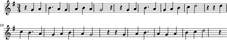 
\relative c'' {
  \set Staff.midiInstrument = #"recorder"
  \clef treble \key g \major \time 3/4

  % Part 1
  r4 g4 a4 |
  b4. a4 g4 |
  a4 b4 a4 |
  g2 r4 |

  % Part 2
  r4 g4 a4 |
  b4. a4 g4 |
  a4 b4 c4 |
  d2 r4 |

  % Part 3
  r4 d4 c4 |
  b4. a4 g4 |
  a4 b4 a4 |
  g2 r4 |

  % Part 4
  r4 g4 a4 |
  b4. a4 g4 |
  a4 b4 c4 |
  d2 r4 |
}
