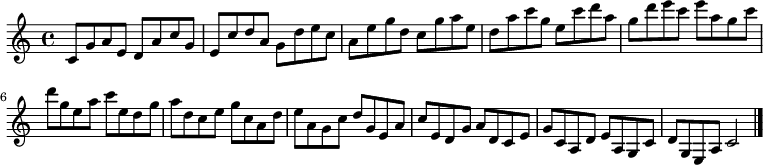 
{

\modalTranspose c c' { c d e g a } { c8 g a e } 
\modalTranspose c d' { c d e g a } { c g a e } 
\modalTranspose c e' { c d e g a } { c g a e } 
\modalTranspose c g' { c d e g a } { c g a e } 
\modalTranspose c a' { c d e g a } { c g a e } 
\modalTranspose c c'' { c d e g a } { c g a e } 
\modalTranspose c d'' { c d e g a } { c g a e } 
\modalTranspose c e'' { c d e g a } { c g a e } 
\modalTranspose c g'' { c d e g a } { c g a e } 

\modalInversion c e''' { c d e g a } { c g a e } 
\modalInversion c d''' { c d e g a } { c g a e } 
\modalInversion c c''' { c d e g a } { c g a e } 
\modalInversion c a'' { c d e g a } { c g a e } 
\modalInversion c g'' { c d e g a } { c g a e } 
\modalInversion c e'' { c d e g a } { c g a e } 
\modalInversion c d'' { c d e g a } { c g a e } 
\modalInversion c c'' { c d e g a } { c g a e } 
\modalInversion c a' { c d e g a } { c g a e } 
\modalInversion c g' { c d e g a } { c g a e } 
\modalInversion c e' { c d e g a } { c g a e } 
\modalInversion c d' { c d e g a } { c g a e } 

c'2

\bar "|."
}
