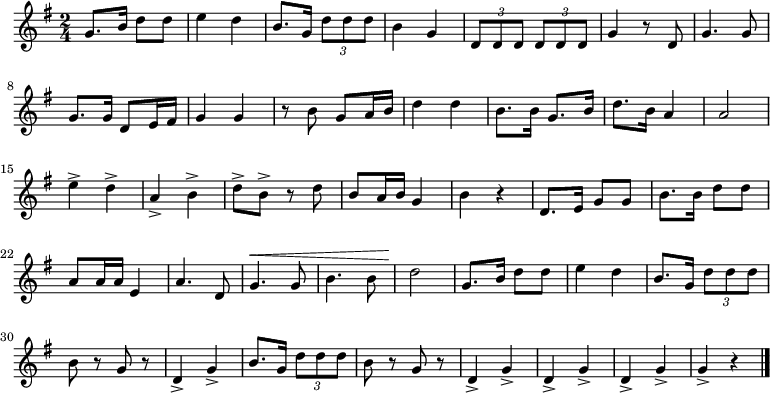 \relative g' { \key g \major \time 2/4 g8. b16 d8 d | e4 d | b8. g16 \times 2/3 { d'8 d d } | b4 g | \times 2/3 { d8 d d } \times 2/3 { d d d } | g4 r8 d | g4. g8 |
g8. g16 d8 e16 fis | g4 g | r8 b g8 a16 b | d4 d | b8. b16 g8. b16 | d8. b16 a4 | a2 | e'4-> d-> | a-> b-> 
| d8-> b-> r d | b8 a16 b g4 | b r | d,8. e16 g8 g | b8. b16 d8 d | a a16 a e4 | a4. d,8 | g4.^\< g8 | b4. b8 | d2\! | g,8. b16 d8 d | e4 d | b8. g16 \times 2/3 { d'8 d d } | b8 r | g8 r | d4-> g-> | b8. g16 \times 2/3 { d'8 d d } | b8 r | g8 r | d4-> g-> | d4-> g-> d-> g-> g-> r \bar "|." }