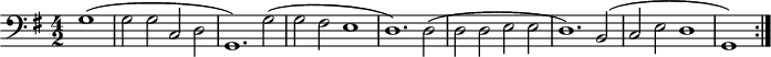 
\version "2.14.2"
\header {
  tagline = ##f
}

\score {
  \new Staff \with {

  }
<<
  \relative c' {
    \key g \major
    \clef bass
    \time 4/2
    \tempo 2 = 80
    \override TupletBracket #'bracket-visibility = ##f 
    \autoBeamOff
    \set Staff.midiInstrument = #"harpsichord"

     %%%%%%%%%%%%%%%%%%%%%%%%%% Ruggiero
\repeat volta 2 {
     \partial 1 g1( g2 g c, d g,1.)
     g'2( g fis e1 d1.)
     d2( d d e e d1.)
     b2( c2 e d1 g,1) 
}

  }
>>
  \layout {
    \context { \Score \remove "Metronome_mark_engraver" }
    \context {
      \remove "Metronome_mark_engraver"
    }
  }
  \midi {}
}

