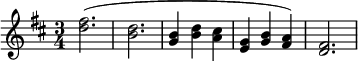 
\language "italiano"

\layout {
  indent = 0 \mm
  short-indent = 0 \mm
  line-width = 12.5 \cm
}

\relative do'' {
  \key re \major
  \clef treble
  \time 3/4
  \override Score.BarNumber.break-visibility = ##(#f #f #f)
  <re fad>2.( | <si re> | <sol si>4 <si re> <la dod> | <mi sol> <sol si> <fad la>) | <re fad>2. |
}
