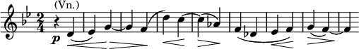  \relative g' { \key bes \major \time 2/4 r4^\markup { (Vn.)}\p d4\<( | es) g\!\>~ | g f\!( | d'\<) c\!~ | c\>( as\!) | f( des | es\< f\!) | g\>( f)~ | f\! }