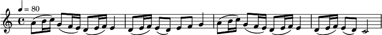 
  \relative c'{
  \tempo 4 = 80
  \time 4/4
    (a'8 b16 c16) g8(f16 e16) d8(e16 f16) e4
    d8(e16 f16) e8(d8) e8 f8 g4
    a8(b16 c16) g8(f16 e16) d8(e16 f16) e4
    d8(e16 f16) e8(d8) c2
  }
