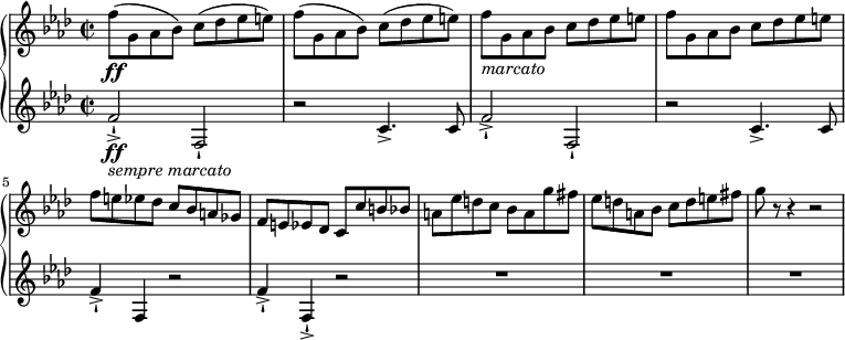 
\relative c'' {
  \new PianoStaff <<
    \new Staff {
      \set Staff.midiInstrument = #"piano" \key f \minor \clef treble \time 2/2 \set Score.tempoHideNote = ##t \tempo 4 = 120
      f8 \ff ( g,8 as8 bes8 ) c8 ( des8 es8 e8 ) |
      f8 ( g,8 as8 bes8 ) c8 ( des8 es8 e8 ) |
      f8 _\markup{ \italic { marcato } } g,8 as8 bes8 c8 des8 es8 e8 |
      f8 g,8 as8 bes8 c8 des8 es8 e8 |
      f8 e8 es8 des8 c8 bes8 a8 ges8 |
      f8 e8 es8 des8 c8 c'8 b8 bes8 |
      a8 es'8 d8 c8 bes8 a8 g'8 fis8 |
      es8 d8 a8 bes8 c8 d8 e8 fis8 |
      g8 r8 r4 r2 |
    }
    \new Staff {
      \set Staff.midiInstrument = #"piano" \key f \minor \clef treble \time 2/2
      f,2 \ff _\markup { \italic { sempre marcato } } -! -> f,2 -! |
      r2 c'4. -> c8 |
      f2 -> -! f,2 -! |
      r2 c'4. -> c8 |
      f4 -> -! f,4 r2 |
      f'4 -> -! f,4 -! -> r2 |
      R1*3
    }
  >>
}
