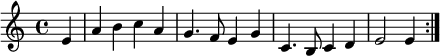 
\relative c' {
  \repeat volta 2 {
    \partial 4 e4 | a b c a | g4. f8 e4 g | c,4. b8 c4 d | e2 e4
  }
}
