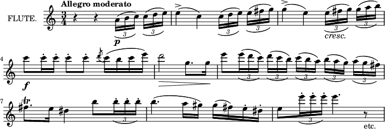 
\new Staff \with {
  instrumentName = "FLUTE."
  midiInstrument = "flute"
} \relative c'' {
  \time 3/4
  \tempo "Allegro moderato"
  \override TupletBracket.tuplet-slur = ##t
  \override TupletBracket.bracket-visibility = ##t
  \override DynamicTextSpanner.style = #'none
  \autoBeamOff
  r4 r \tuplet 3/2 8 {a16([\p b c)] c([ d e)]}
  e4(\accent c) \tuplet 3/2 8 {c16([ d e)] e([ fis g)]}
  g4(\accent e) \tuplet 3/2 8 {e16([\cresc fis g)] g([ a b)]}
  \autoBeamOn
  c8\f c16\staccato c\staccato c8\staccato c\staccato \acciaccatura {d8} c16( b c e)
  d2\> g,8. g16\!
  \autoBeamOff
  e'8[ \tuplet 3/2 8 {e16( d c)] d([ c b)] c([ b a)] b([ a g)] a([ g fis)]}
  \autoBeamOn
  fis8.\trill e16 dis4 b'8 \tuplet 3/2 {b16\staccato b\staccato b\staccato}
  b4.( a16 gis) gis( fis) e\staccato dis\staccato
  e8 \tuplet 3/2 {e'16\staccato e\staccato e\staccato} e4. r8_"etc."
}
\layout {
  indent = 2\cm
}
