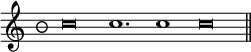 { \override Score.TimeSignature #'style = #'neomensural \time 3/2 \cadenzaOn \override NoteHead #'style = #'baroque c''\breve c''1. c''1 c''\breve \bar "||" }