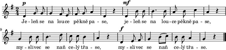 
\relative d' {
\autoBeamOff
 \key g \major
 \time 2/4
 d4^\p g8 g g4 fis8 e fis g a4 d, r
 d^\mf b'8 b b4. b8 a b c4 a r
 g b8 b b4. d8 c c b4 a r
 d,^\f e8 fis g4 b8([ c)] b b a4 g r
 \bar "|."
}
\addlyrics {
 Je -- leň se na lou -- ce pě -- kně pa -- se,
 je -- leň se na lou -- ce pěkně pa -- se,
 my -- sli -- vec se naň ce -- lý třa -- se,
 my -- sli -- vec se naň ce -- lý třa -- se.
}
